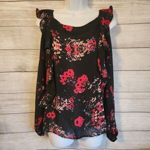 Devlin Medium Black Red Floral Cold Shoulder Blouse Romantic Boho
